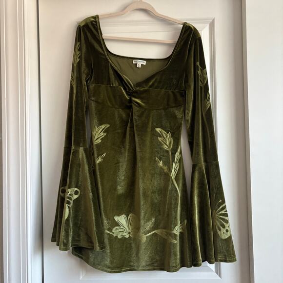 Earthbound Babydoll Velour Bell Sleeve Mini Dress Retro 70s Whimsical Velvet XL - Picture 2 of 10